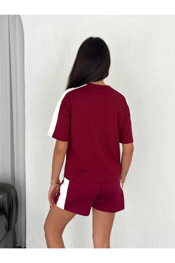 Luz&Pos Osy Modal Yumuşak Dokulu Kumaş Kadın Parçalı Bisiklet Yaka T-shirt Kısa Şort İkili Takım -  Bordo