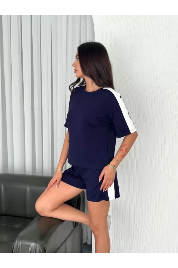 Luz&Pos Osy Modal Yumuşak Dokulu Kumaş Kadın Parçalı Bisiklet Yaka T-shirt Kısa Şort İkili Takım - Mavi