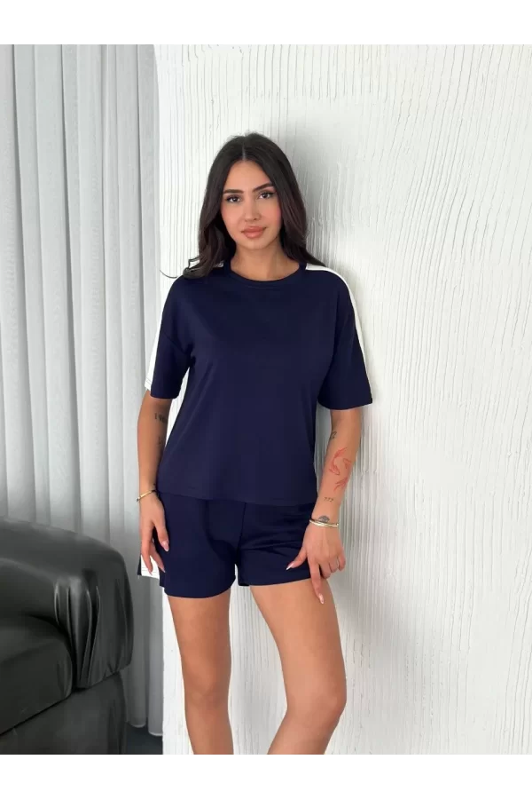 Luz&Pos Osy Modal Yumuşak Dokulu Kumaş Kadın Parçalı Bisiklet Yaka T-shirt Kısa Şort İkili Takım - Mavi