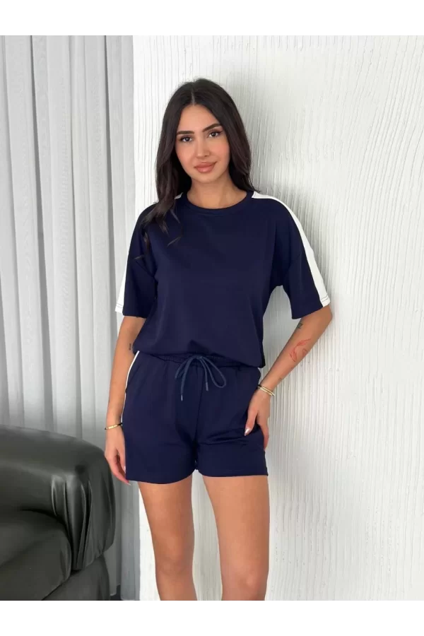 Luz&Pos Osy Modal Yumuşak Dokulu Kumaş Kadın Parçalı Bisiklet Yaka T-shirt Kısa Şort İkili Takım - Mavi