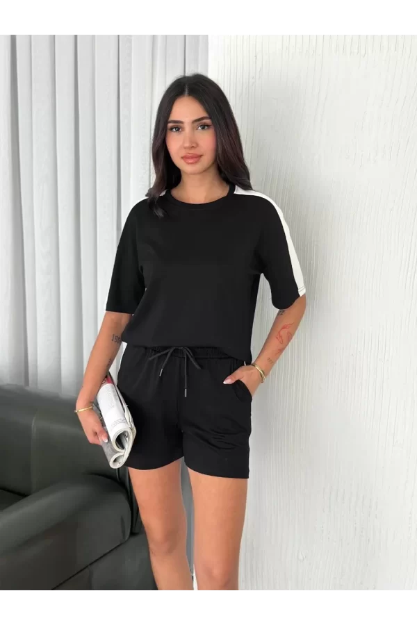 Luz&Pos Osy Modal Yumuşak Dokulu Kumaş Kadın Parçalı Bisiklet Yaka T-shirt Kısa Şort İkili Takım - Siyah
