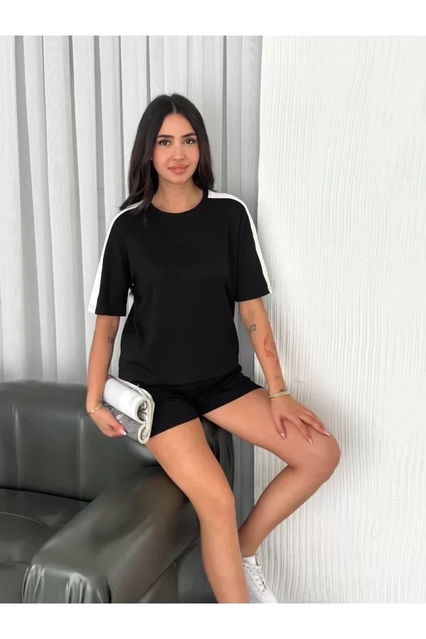 Luz&Pos Osy Modal Yumuşak Dokulu Kumaş Kadın Parçalı Bisiklet Yaka T-shirt Kısa Şort İkili Takım - Siyah