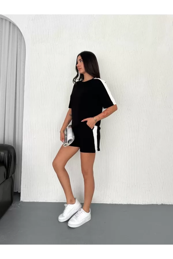 Luz&Pos Osy Modal Yumuşak Dokulu Kumaş Kadın Parçalı Bisiklet Yaka T-shirt Kısa Şort İkili Takım - Siyah