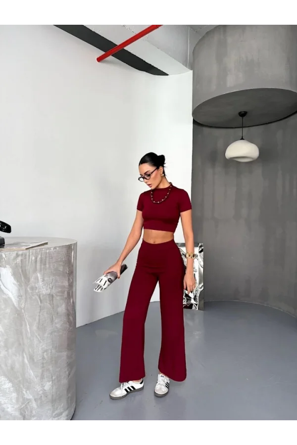Osy Modal Yumuşak Dokulu Kumaş Kısa Kollu Crop Alt Ispanyol Paça Pantalon Ikili Takım - Bordo