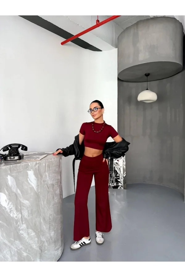 Osy Modal Yumuşak Dokulu Kumaş Kısa Kollu Crop Alt Ispanyol Paça Pantalon Ikili Takım - Bordo