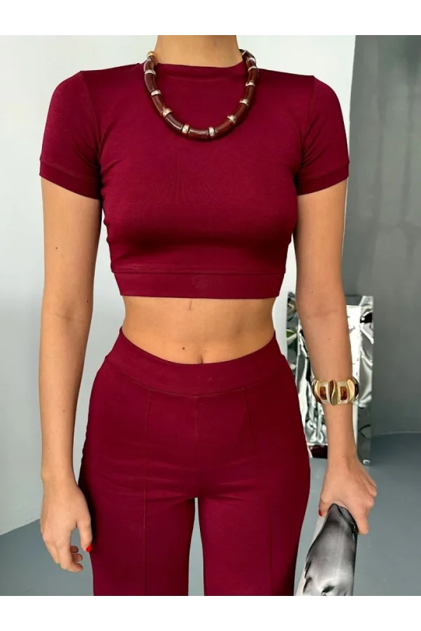 Osy Modal Yumuşak Dokulu Kumaş Kısa Kollu Crop Alt Ispanyol Paça Pantalon Ikili Takım - Bordo