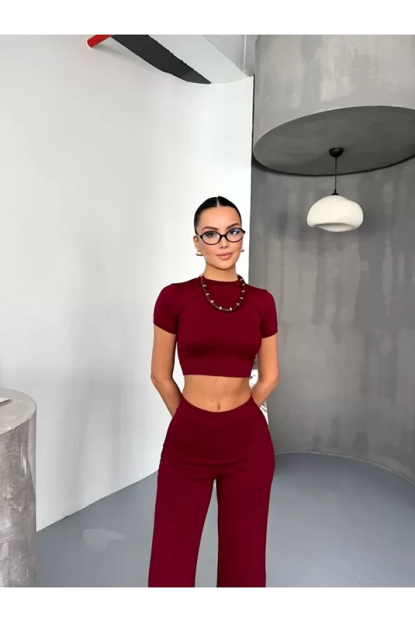 Osy Modal Yumuşak Dokulu Kumaş Kısa Kollu Crop Alt Ispanyol Paça Pantalon Ikili Takım - Bordo