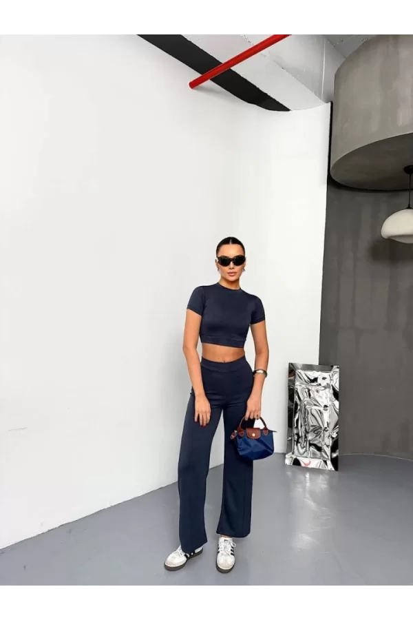 Osy Modal Yumuşak Dokulu Kumaş Kısa Kollu Crop Alt Ispanyol Paça Pantalon Ikili Takım - Füme