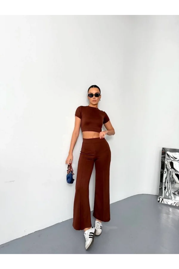 Osy Modal Yumuşak Dokulu Kumaş Kısa Kollu Crop Alt Ispanyol Paça Pantalon Ikili Takım - Kahverengi