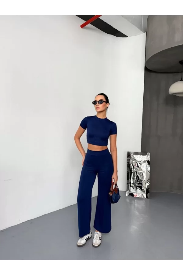Osy Modal Yumuşak Dokulu Kumaş Kısa Kollu Crop Alt Ispanyol Paça Pantalon Ikili Takım - Lacivert