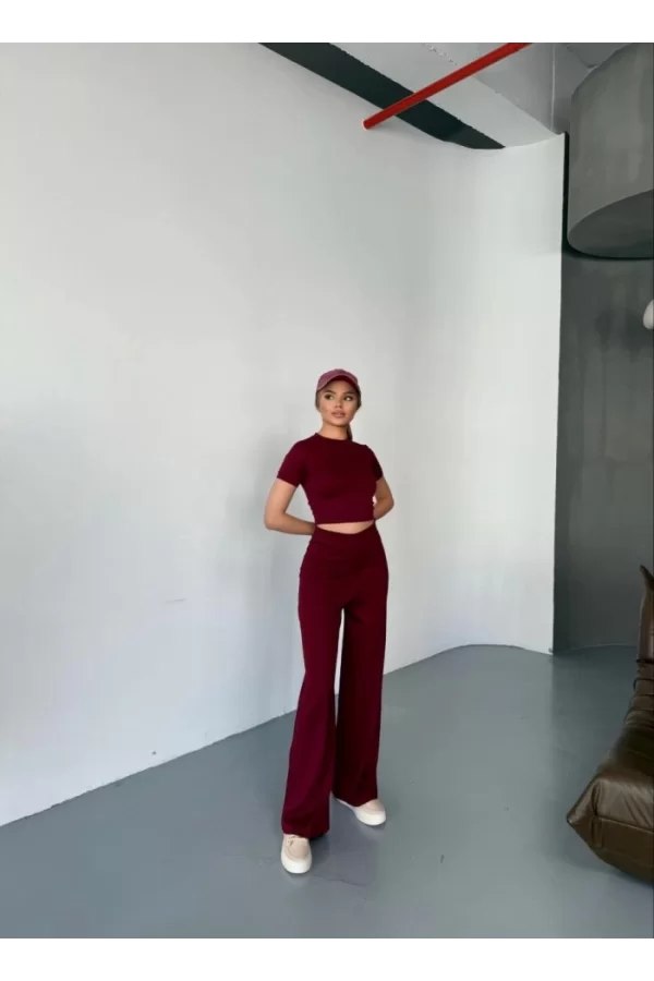 Osy Modal Yumuşak Dokulu Kumaş Kısa Kollu Crop Rahat Pantalon Ikili Takım - Bordo