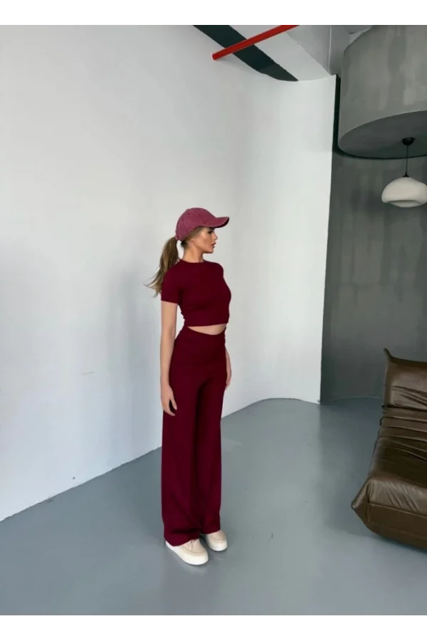 Osy Modal Yumuşak Dokulu Kumaş Kısa Kollu Crop Rahat Pantalon Ikili Takım - Bordo