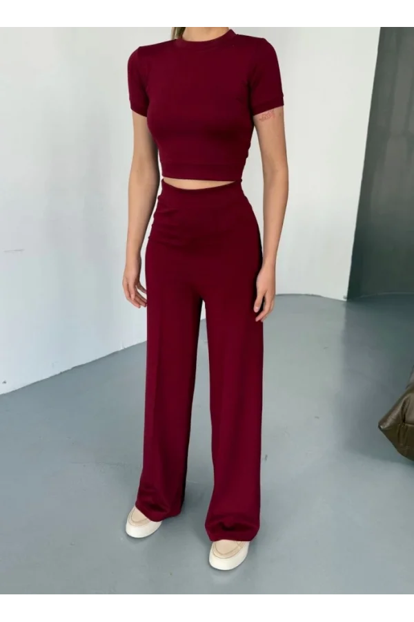 Osy Modal Yumuşak Dokulu Kumaş Kısa Kollu Crop Rahat Pantalon Ikili Takım - Bordo