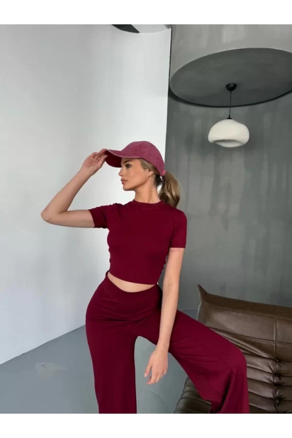 Osy Modal Yumuşak Dokulu Kumaş Kısa Kollu Crop Rahat Pantalon Ikili Takım - Bordo