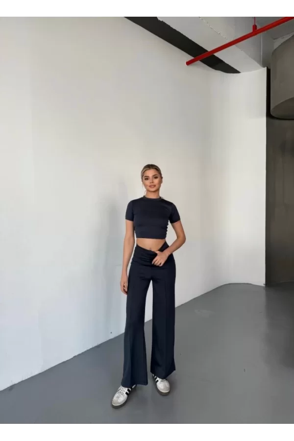 Osy Modal Yumuşak Dokulu Kumaş Kısa Kollu Crop Rahat Pantalon Ikili Takım - Füme