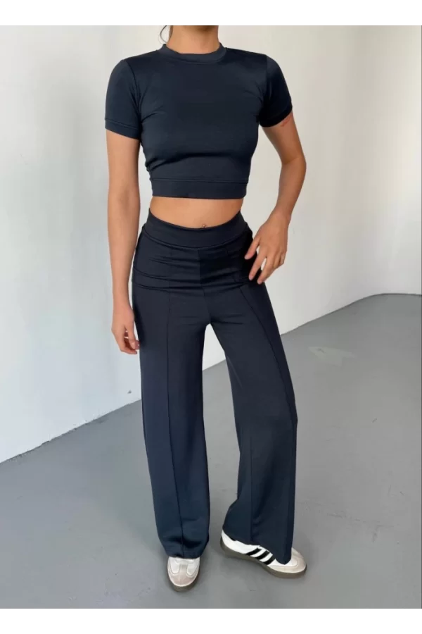Osy Modal Yumuşak Dokulu Kumaş Kısa Kollu Crop Rahat Pantalon Ikili Takım - Füme