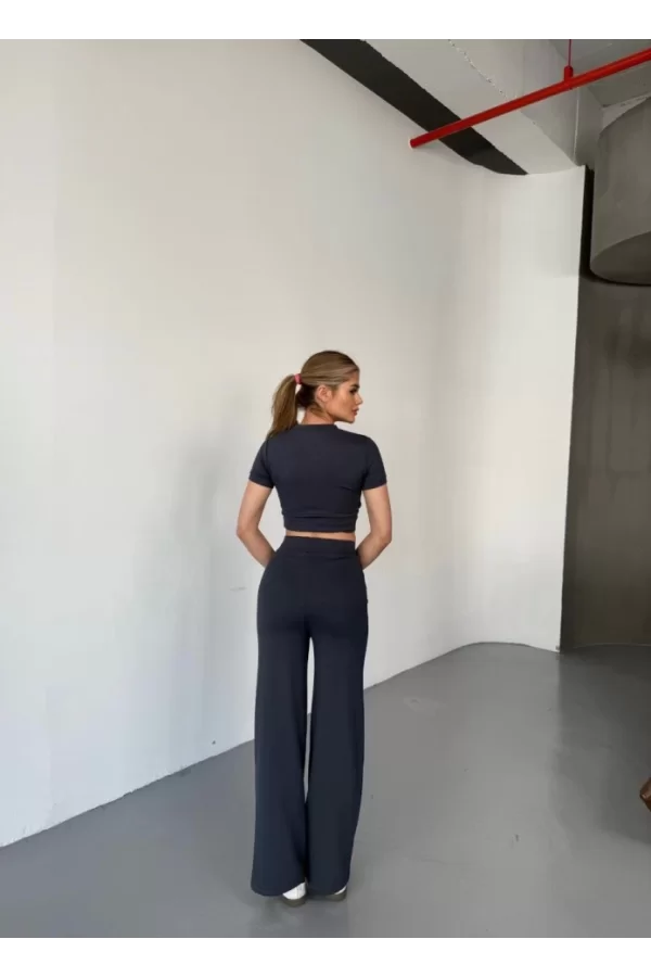 Osy Modal Yumuşak Dokulu Kumaş Kısa Kollu Crop Rahat Pantalon Ikili Takım - Füme