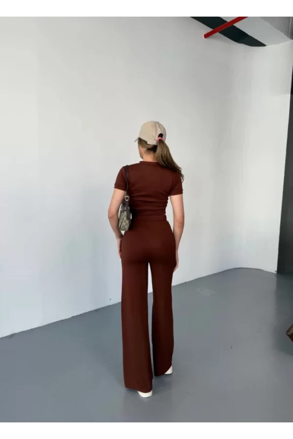 Osy Modal Yumuşak Dokulu Kumaş Kısa Kollu Crop Rahat Pantalon Ikili Takım - Kahverengi