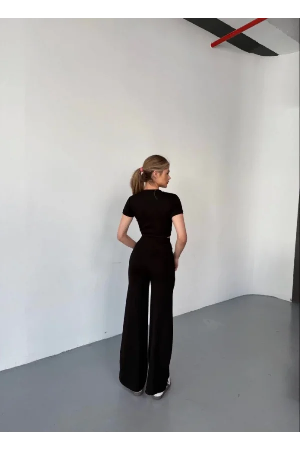 Osy Modal Yumuşak Dokulu Kumaş Kısa Kollu Crop Rahat Pantalon Ikili Takım - Siyah