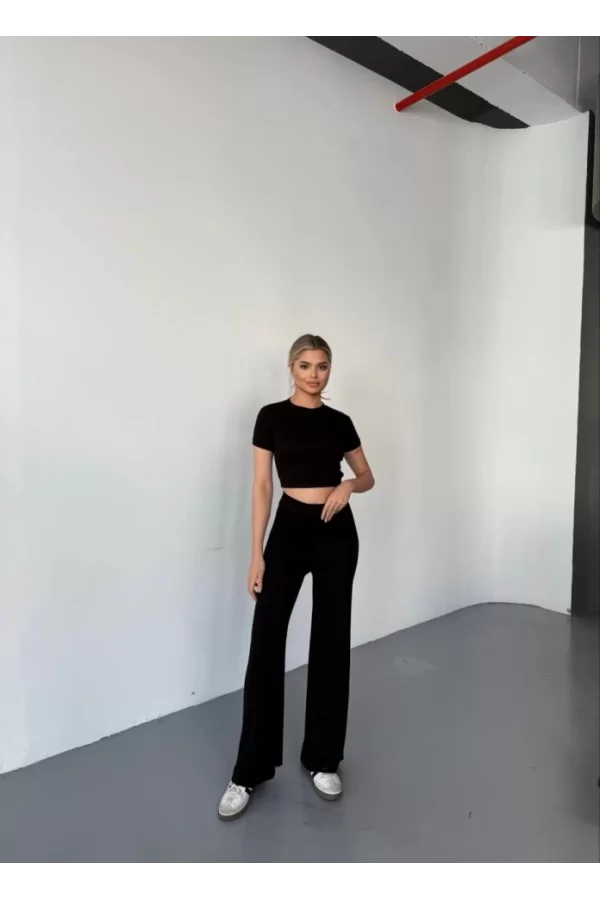 Osy Modal Yumuşak Dokulu Kumaş Kısa Kollu Crop Rahat Pantalon Ikili Takım - Siyah