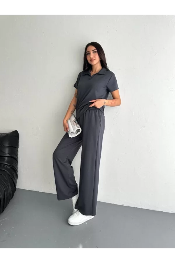 Osy Modal Yumuşak Dokulu Kumaş Kısa Kollu Yakalı T-shirt Pantalon Ikili Takım- Antrasit