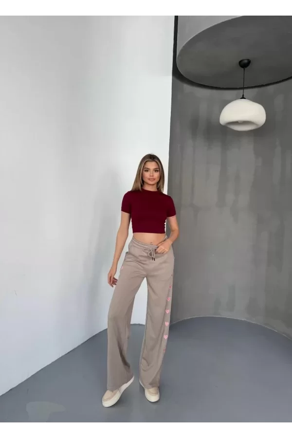 Luz&Pos Osy Modal Yumuşak Dokulu Kumaş Nakış İşlemeli Rahat Bol Paça Eşofman Pantalon - Bej