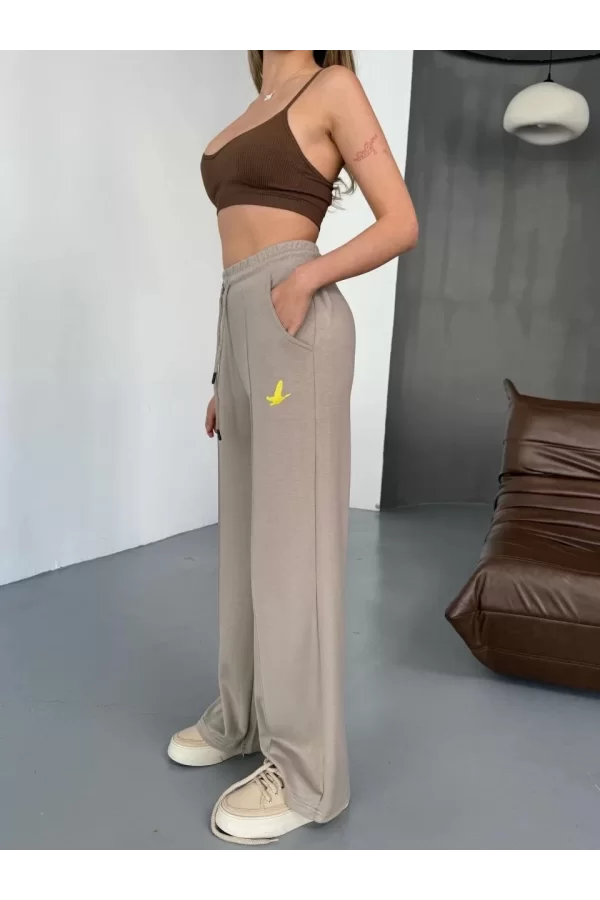 Luz&Pos Osy Modal Yumuşak Dokulu Kumaş Nakış İşlemeli Rahat Bol Paça Eşofman Pantalon - Bej