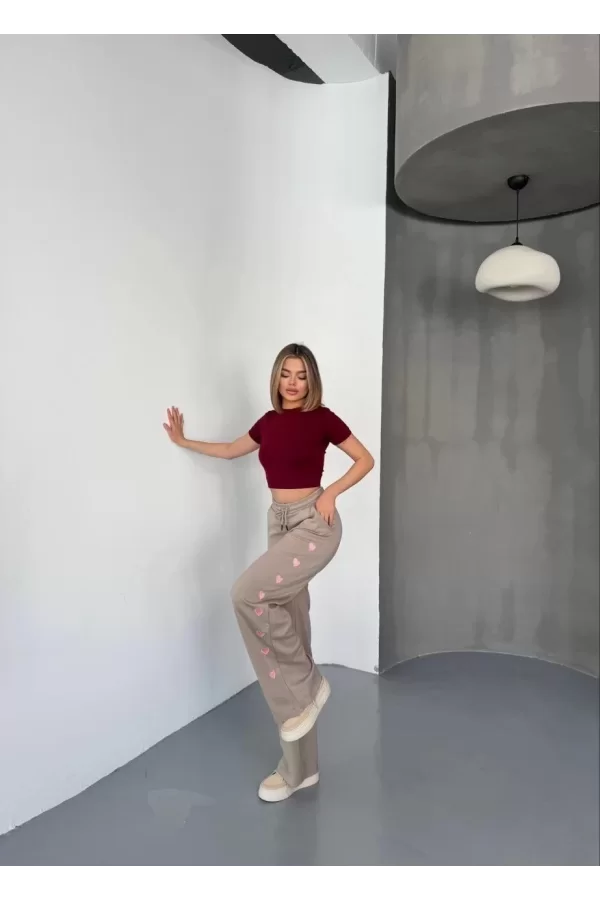 Luz&Pos Osy Modal Yumuşak Dokulu Kumaş Nakış İşlemeli Rahat Bol Paça Eşofman Pantalon - Bej
