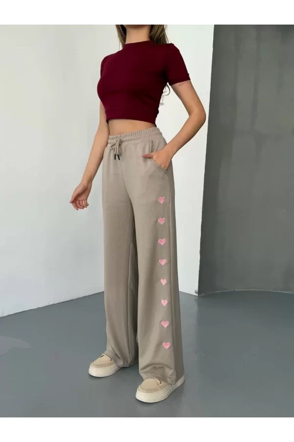 Luz&Pos Osy Modal Yumuşak Dokulu Kumaş Nakış İşlemeli Rahat Bol Paça Eşofman Pantalon - Bej