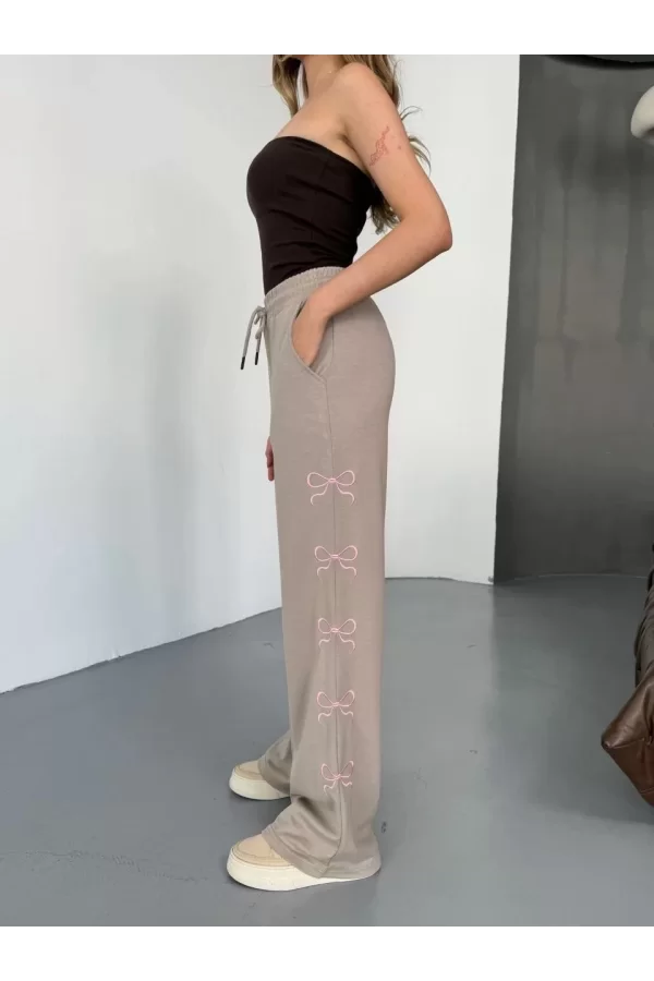 Luz&Pos Osy Modal Yumuşak Dokulu Kumaş Nakış İşlemeli Rahat Bol Paça Eşofman Pantalon - Bej