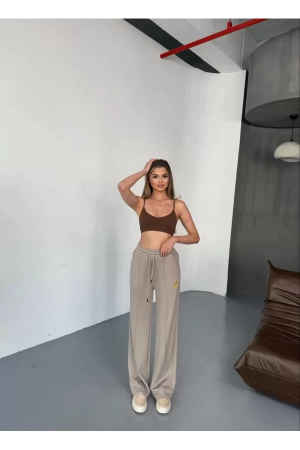 Luz&Pos Osy Modal Yumuşak Dokulu Kumaş Nakış İşlemeli Rahat Bol Paça Eşofman Pantalon - Bej
