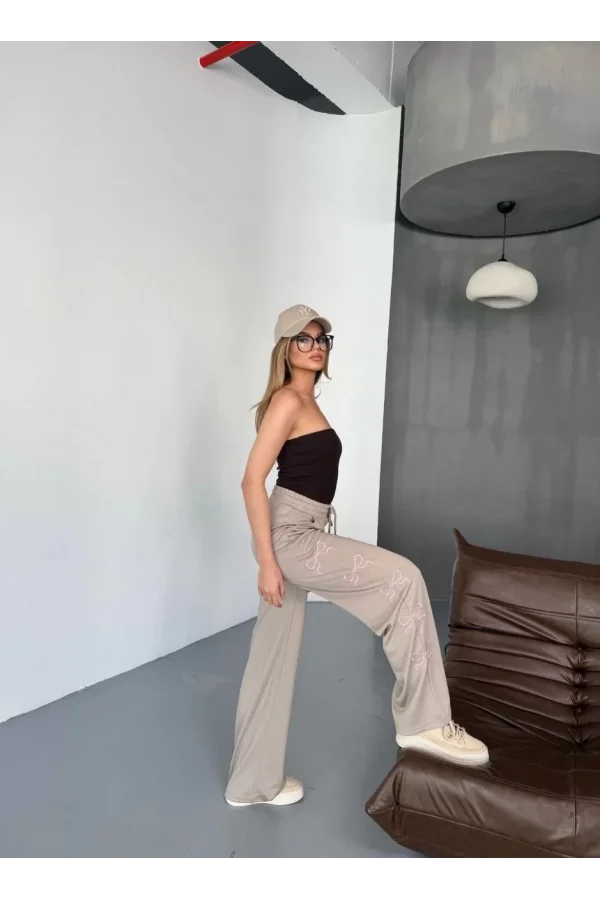 Luz&Pos Osy Modal Yumuşak Dokulu Kumaş Nakış İşlemeli Rahat Bol Paça Eşofman Pantalon - Bej