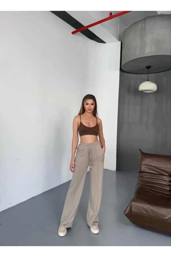 Luz&Pos Osy Modal Yumuşak Dokulu Kumaş Nakış İşlemeli Rahat Bol Paça Eşofman Pantalon - Bej