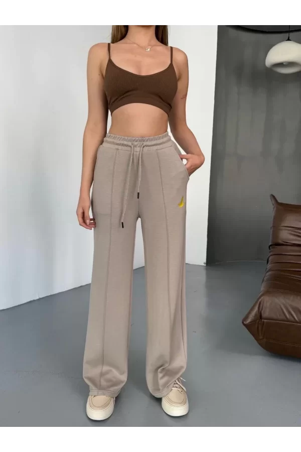 Luz&Pos Osy Modal Yumuşak Dokulu Kumaş Nakış İşlemeli Rahat Bol Paça Eşofman Pantalon - Bej