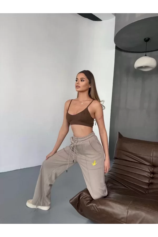 Luz&Pos Osy Modal Yumuşak Dokulu Kumaş Nakış İşlemeli Rahat Bol Paça Eşofman Pantalon - Bej