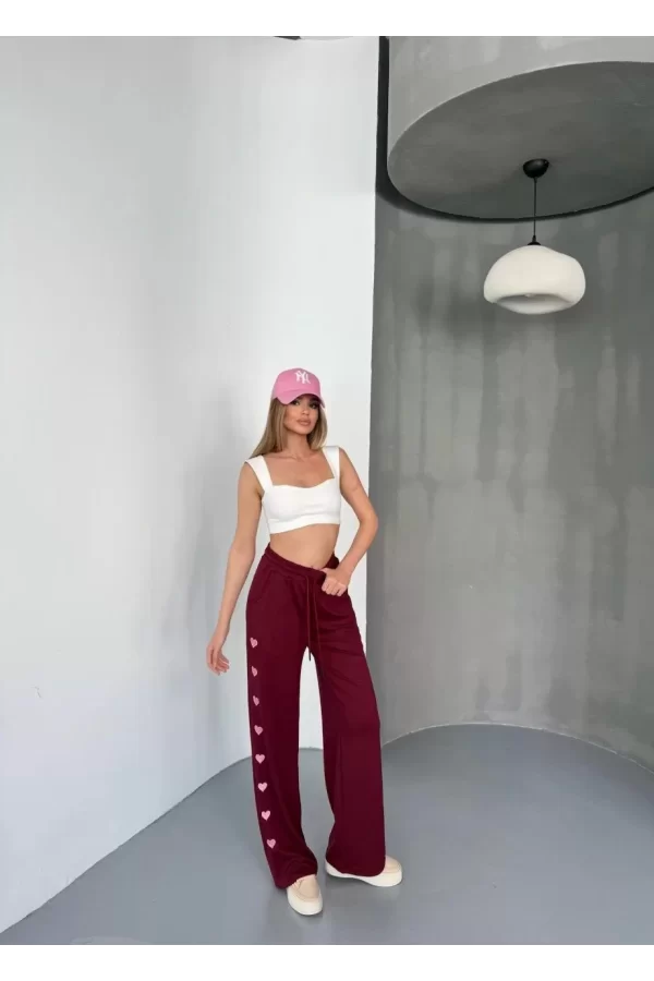 Luz&Pos Osy Modal Yumuşak Dokulu Kumaş Nakış İşlemeli Rahat Bol Paça Eşofman Pantalon - Bordo