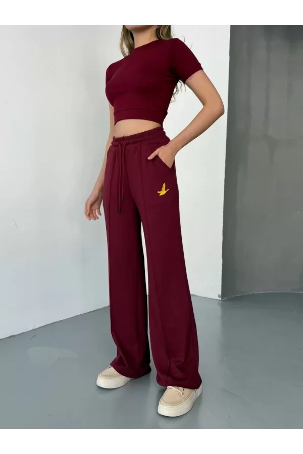 Luz&Pos Osy Modal Yumuşak Dokulu Kumaş Nakış İşlemeli Rahat Bol Paça Eşofman Pantalon - Bordo