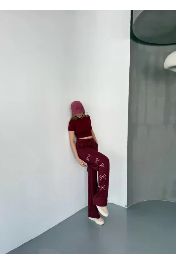 Luz&Pos Osy Modal Yumuşak Dokulu Kumaş Nakış İşlemeli Rahat Bol Paça Eşofman Pantalon - Bordo