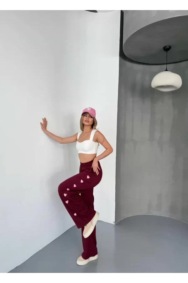 Luz&Pos Osy Modal Yumuşak Dokulu Kumaş Nakış İşlemeli Rahat Bol Paça Eşofman Pantalon - Bordo