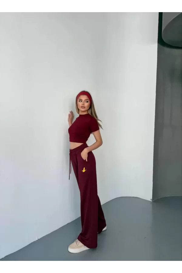 Luz&Pos Osy Modal Yumuşak Dokulu Kumaş Nakış İşlemeli Rahat Bol Paça Eşofman Pantalon - Bordo