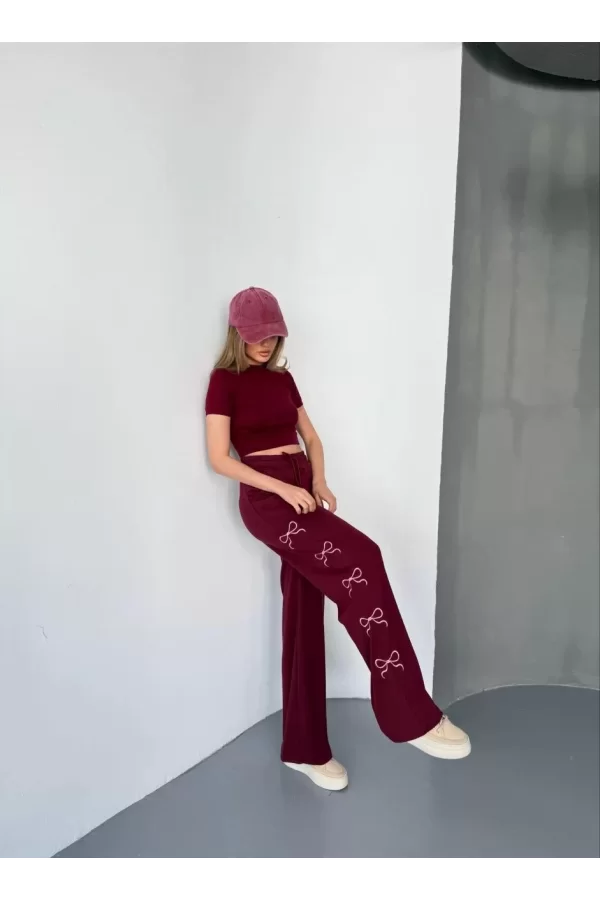 Luz&Pos Osy Modal Yumuşak Dokulu Kumaş Nakış İşlemeli Rahat Bol Paça Eşofman Pantalon - Bordo