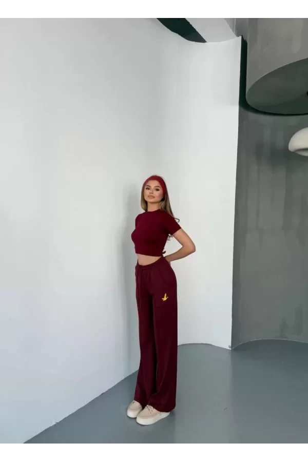 Luz&Pos Osy Modal Yumuşak Dokulu Kumaş Nakış İşlemeli Rahat Bol Paça Eşofman Pantalon - Bordo