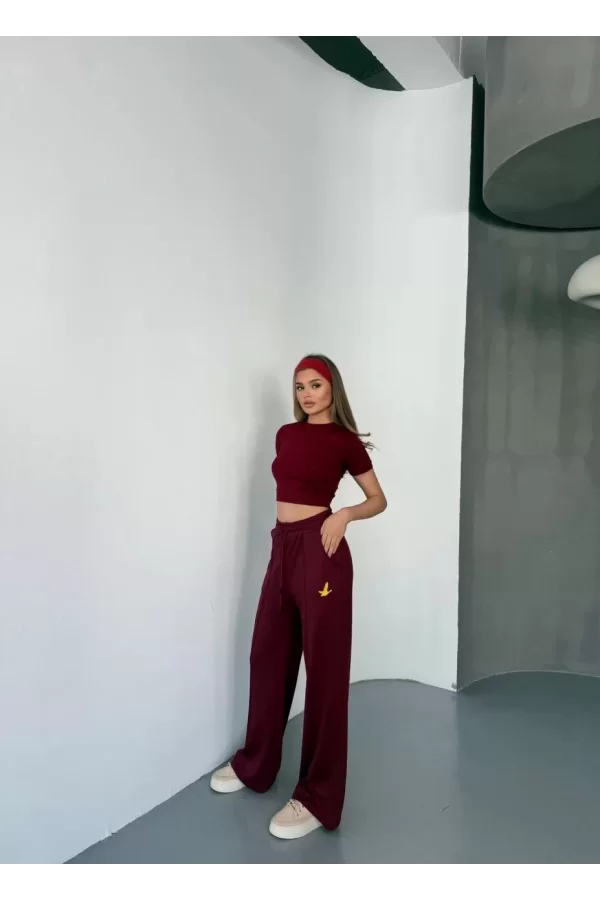 Luz&Pos Osy Modal Yumuşak Dokulu Kumaş Nakış İşlemeli Rahat Bol Paça Eşofman Pantalon - Bordo