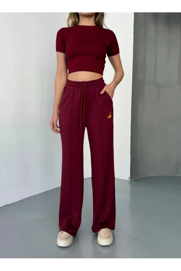 Luz&Pos Osy Modal Yumuşak Dokulu Kumaş Nakış İşlemeli Rahat Bol Paça Eşofman Pantalon - Bordo