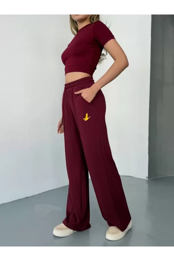 Luz&Pos Osy Modal Yumuşak Dokulu Kumaş Nakış İşlemeli Rahat Bol Paça Eşofman Pantalon - Bordo