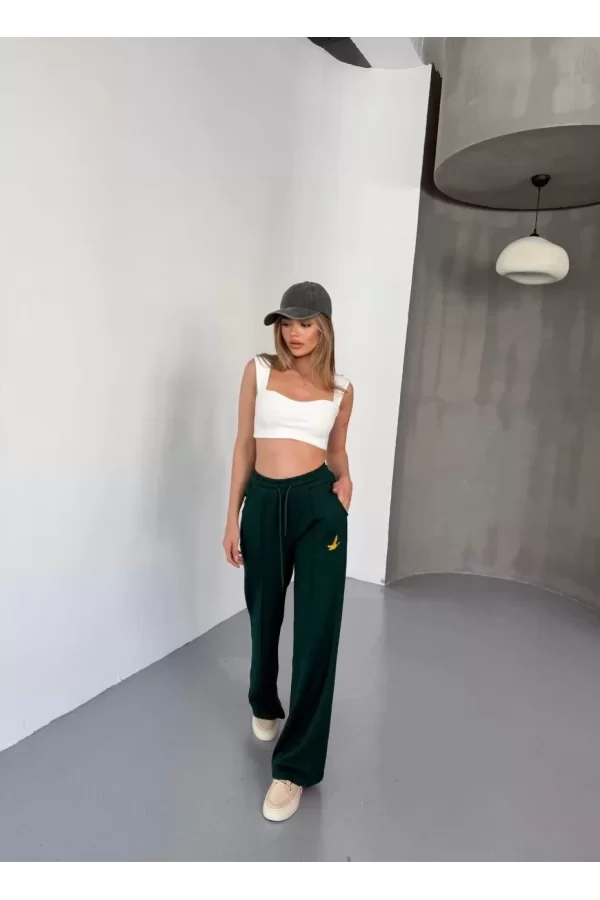 Luz&Pos Osy Modal Yumuşak Dokulu Kumaş Nakış İşlemeli Rahat Bol Paça Eşofman Pantalon - Haki