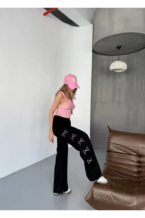 Luz&Pos Osy Modal Yumuşak Dokulu Kumaş Nakış İşlemeli Rahat Bol Paça Eşofman Pantalon - Siyah