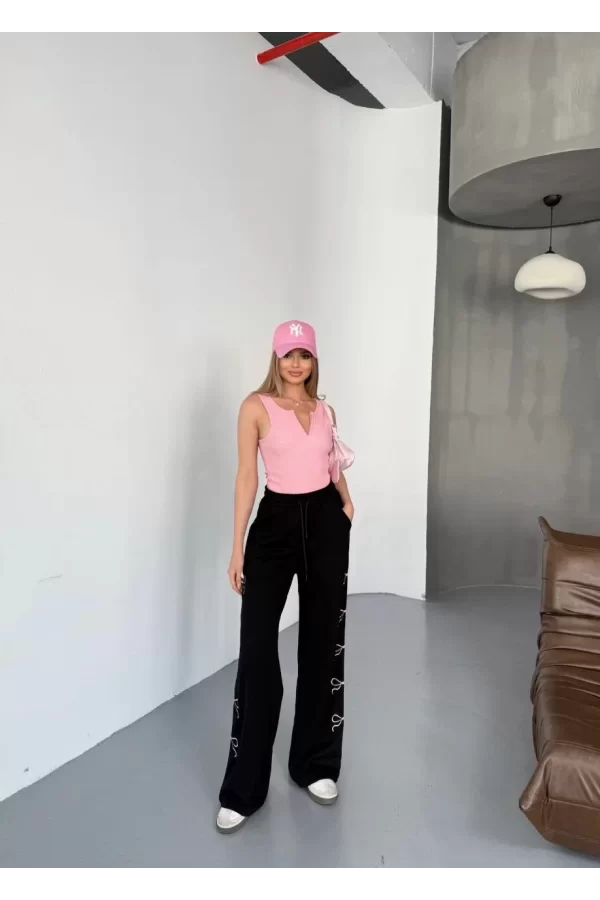 Luz&Pos Osy Modal Yumuşak Dokulu Kumaş Nakış İşlemeli Rahat Bol Paça Eşofman Pantalon - Siyah