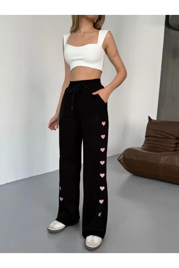 Luz&Pos Osy Modal Yumuşak Dokulu Kumaş Nakış İşlemeli Rahat Bol Paça Eşofman Pantalon - Siyah