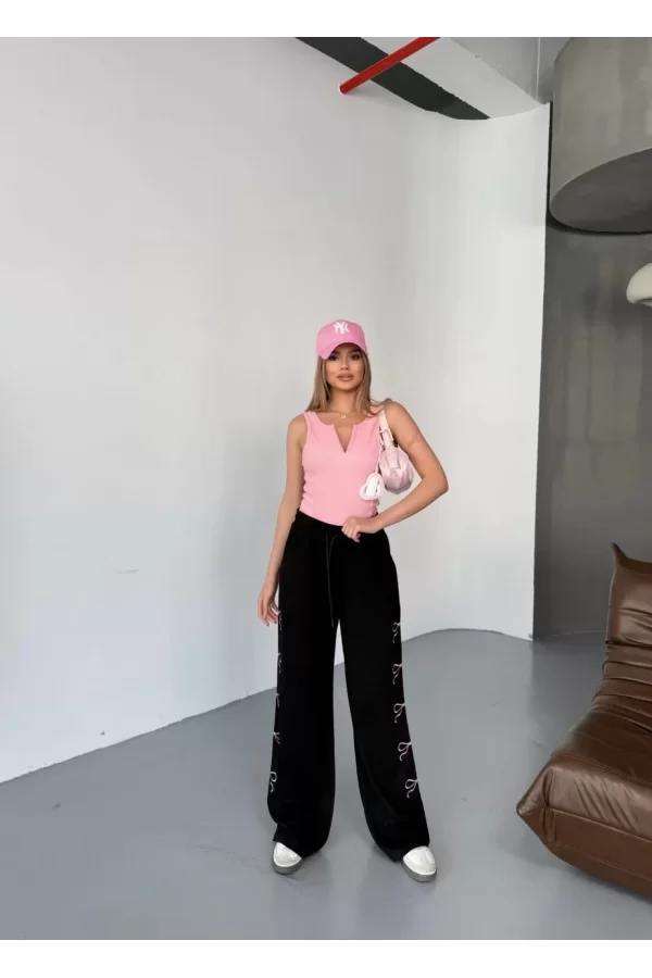 Luz&Pos Osy Modal Yumuşak Dokulu Kumaş Nakış İşlemeli Rahat Bol Paça Eşofman Pantalon - Siyah